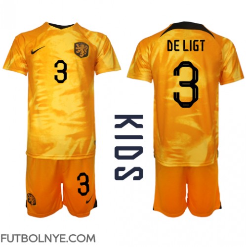 Camiseta Países Bajos Matthijs de Ligt #3 Primera Equipación para niños Mundial 2022 manga corta (+ pantalones cortos)
